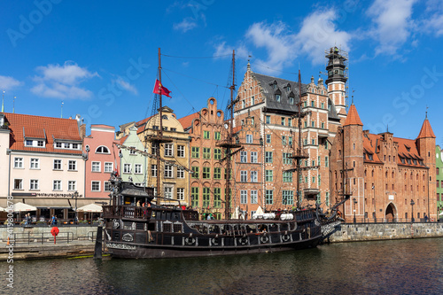 Passenger harbor on the Motława River - a replica of a galleon as a cruise ship at Dlugie Pobrzeze in old town of Gdansk