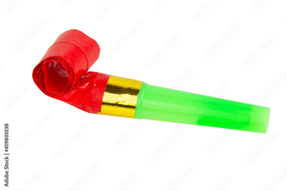Carnival bright festive noisemaker or party whistle horn isolated on the white background Carnival bright festive noisemaker or party whistle horn isolated on the white background