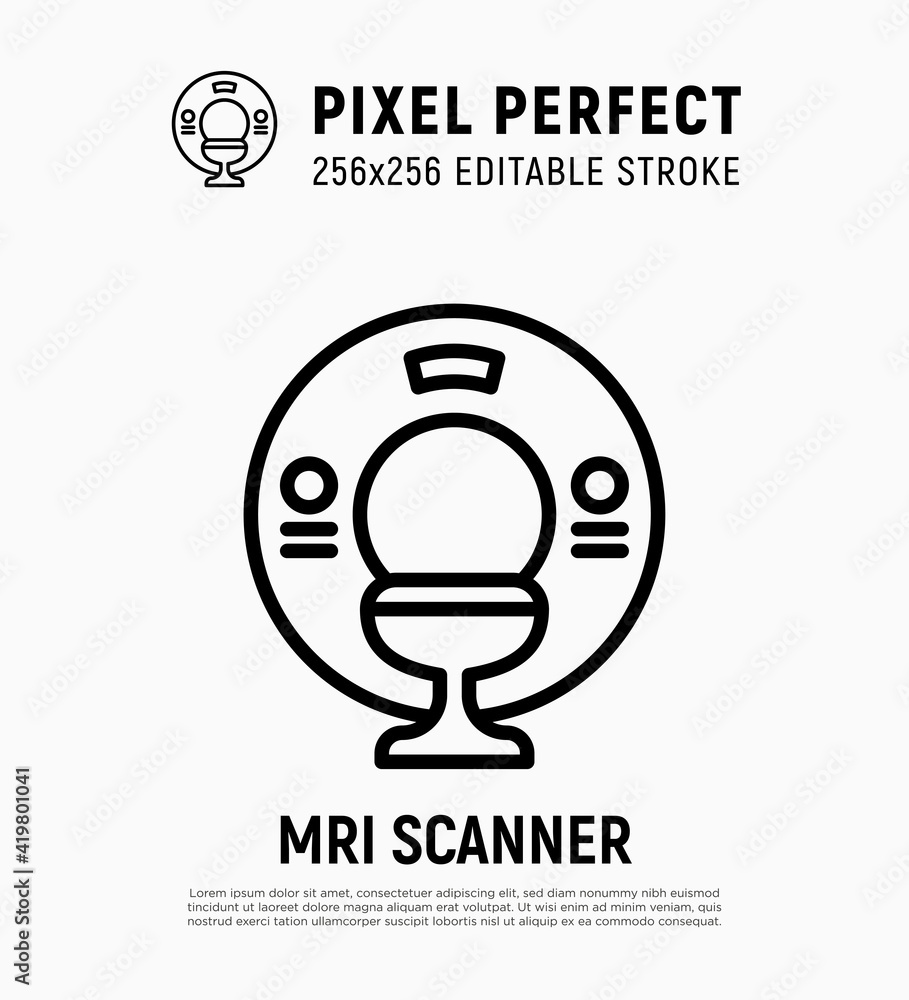 MRI scanner thin line icon. Medical equipment for oncology detection. Pixel perfect, editable stroke. Vector illustration. MRI scanner thin line icon. Medical equipment for oncology detection. Pixel perfect, editable stroke. Vector illustration.