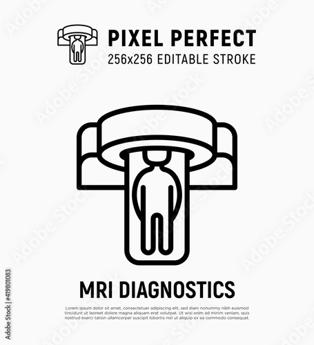 Human in MRI scanner thin line icon. Medical equipment for oncology detection. Pixel perfect, editable stroke. Vector illustration.