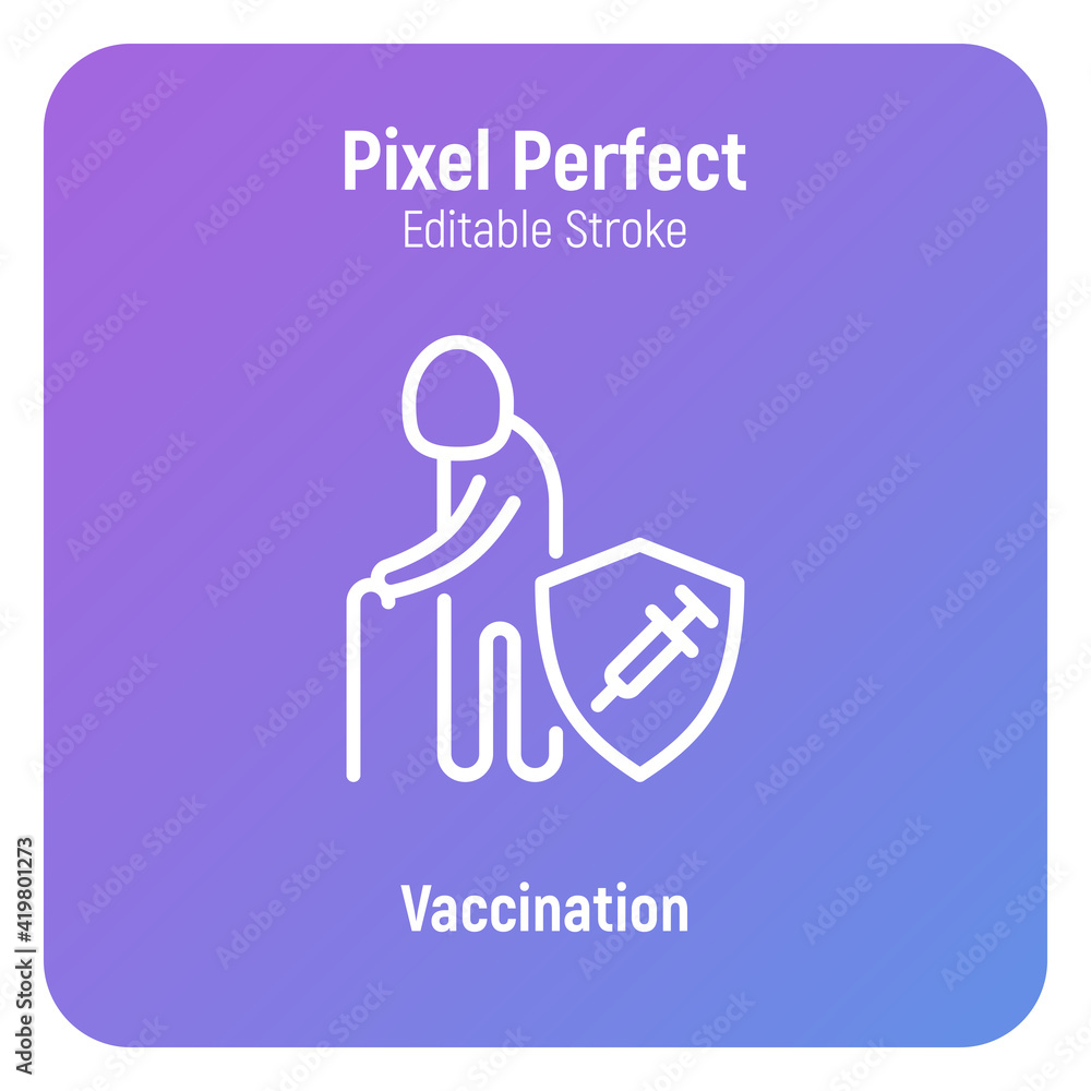 Fototapeta premium Coronavirus vaccination. Virus protection: elderly man is protected by shield with vaccine. Immune system, antibiotics. Thin line icon. Pixel perfect, editable stroke. Vector illustration.