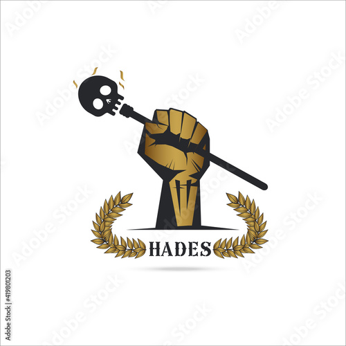 Logo  hand holding  skull wand of greek god Hades