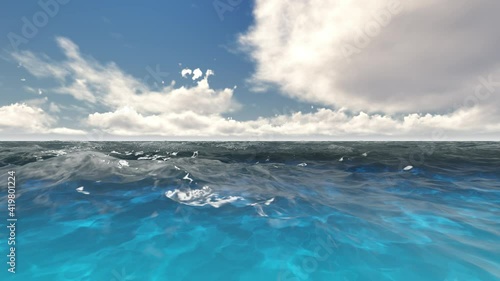 Beautiful tranquil natural vacation seascape with scenic ocean waves in tropical environment, deep clear transparent pure blue water background. A summer travel in paradise, peaceful 3D render