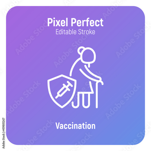 Coronavirus vaccination. Virus protection: elderly woman is protected by shield with vaccine. Immune system, antibiotics. Thin line icon. Pixel perfect, editable stroke. Vector illustration.