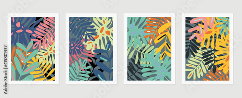Abstract art nature background vector. Modern shape line art wallpaper. Boho foliage botanical tropical leaves and floral pattern design for home deco, wall art, social media post and story background