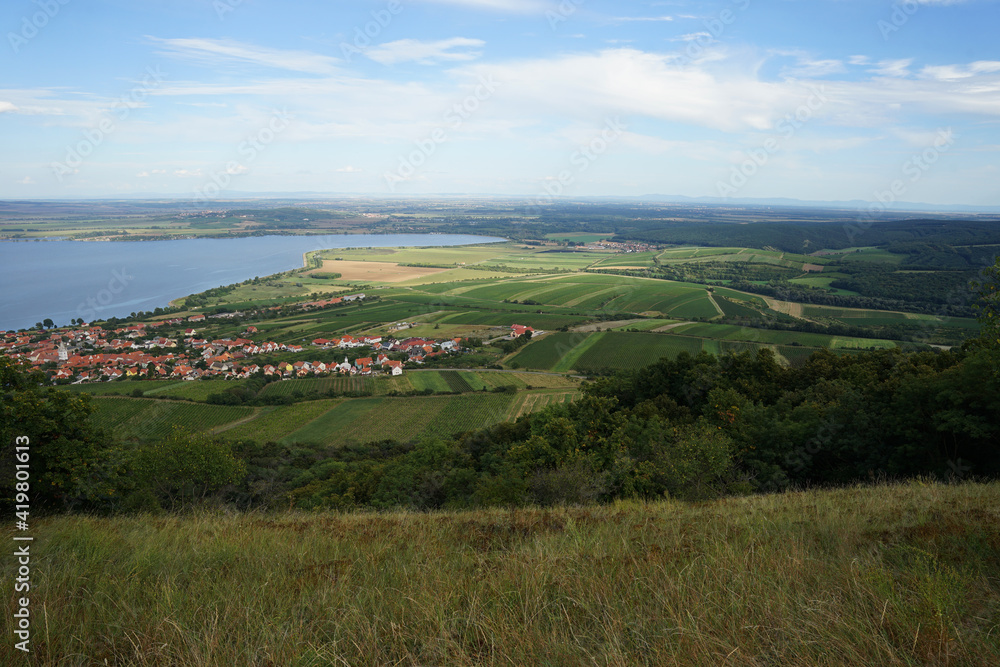 Palava Hill aerial view of Nove Mlyny dam and vineyards, Pavlov, Czech Republic