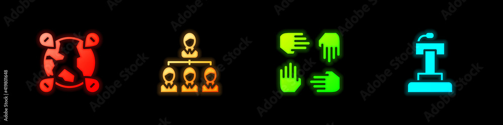 Set Location on the globe, Hierarchy organogram chart, Project team base and Stage stand tribune icon. Vector. Set Location on the globe, Hierarchy organogram chart, Project team base and Stage stand tribune icon. Vector.