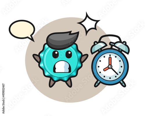 Cartoon Illustration of bottle cap is surprised with a giant alarm clock
