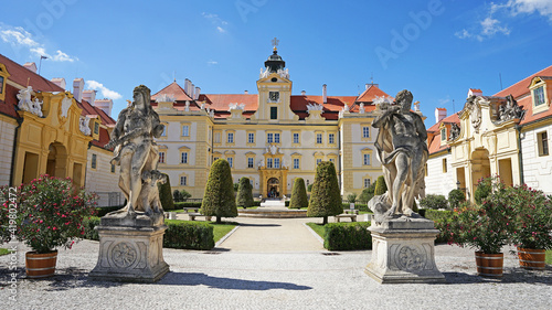 Valtice, Czech Republic - August 24 2020: Beautiful baroque Valtice Castle, Unesco site and popular tourist destination with guided tours, summer traveling