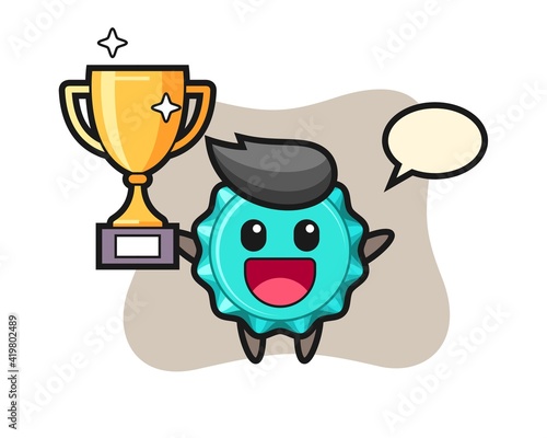 Cartoon Illustration of bottle cap is happy holding up the golden trophy