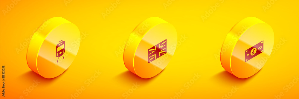 Set Isometric Tram and railway, Flag of Great Britain and Pound sterling money icon. Vector. Set Isometric Tram and railway, Flag of Great Britain and Pound sterling money icon. Vector.