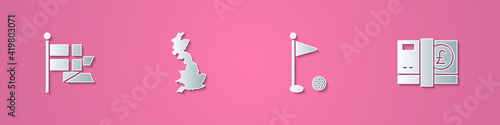 Set paper cut England flag on flagpole, map, Golf and Pound sterling money icon. Paper art style. Vector.