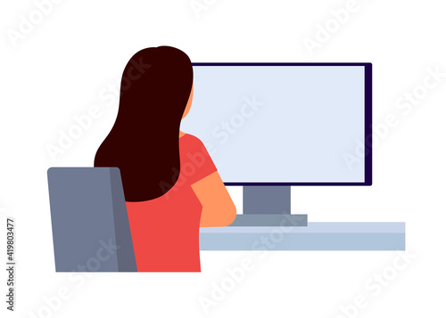 Woman back view sit in computer online at home. Workspace, remote distance work. Vector flat