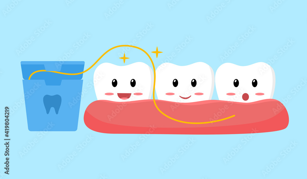 Fototapeta premium Clean your teeth regularly with dental floss concept. Smiling teeth cartoon clean by floss in flat design. Dental care. Oral healthcare.