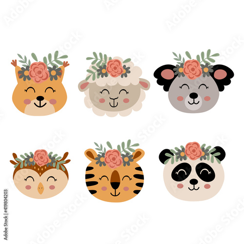 set of isolated cute animal faces with flowers 2