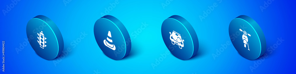Set Isometric Traffic light, Car, Scooter and cone icon. Vector. Set Isometric Traffic light, Car, Scooter and cone icon. Vector.