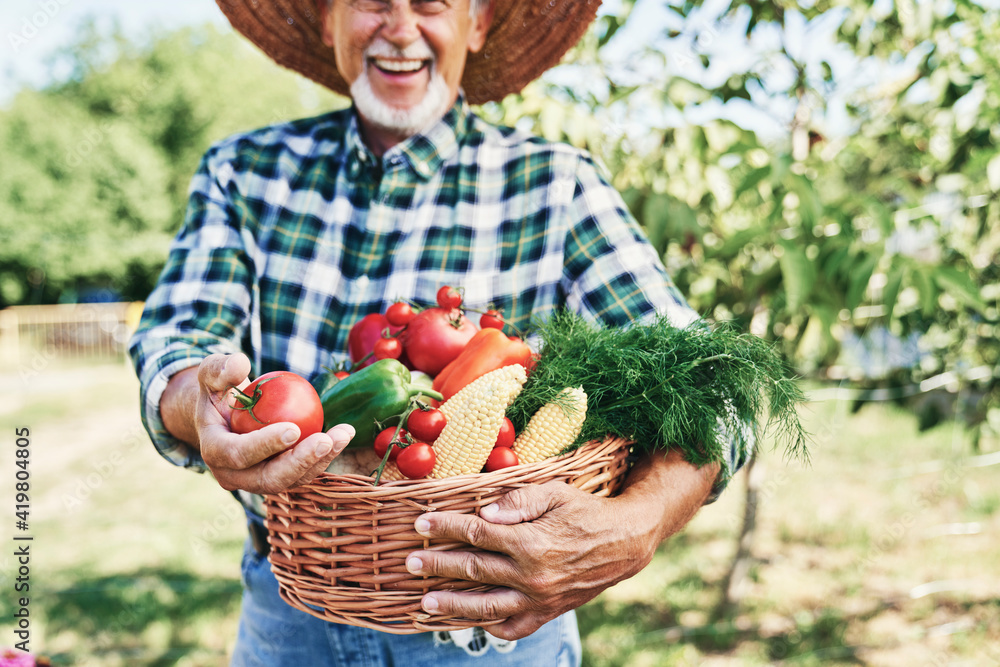 Happy farmer with a basket full of seasonal vegetables