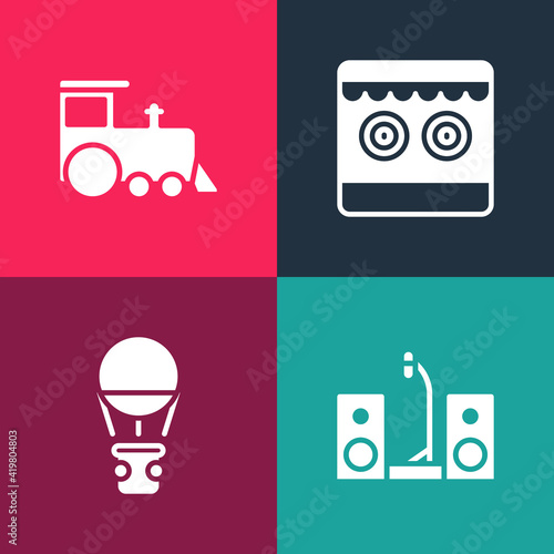 Set pop art Home stereo with two speakers, Hot air balloon, Shooting gallery and Toy train icon. Vector.