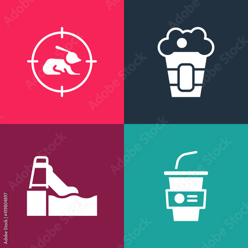 Set pop art Paper glass with water, Water slide, Popcorn in box and Hunt on rabbit crosshairs icon. Vector.