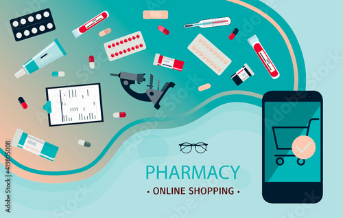 Mobile application for the sale of medicines online. Medical poster with smartphone, medicines, test tubes and a thermometer. Medical checkup and blood test results for the virus. Home delivery of