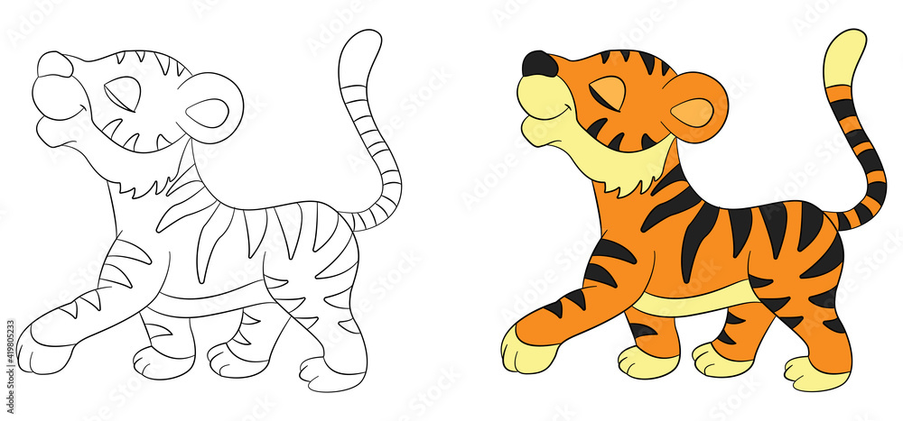 Coloring drawing education Book cute Animal Tiger coloring page letter T  funny happy kids, game cartoon, cute, drawing, tiger, page, coloring,  character Stock Vector | Adobe Stock