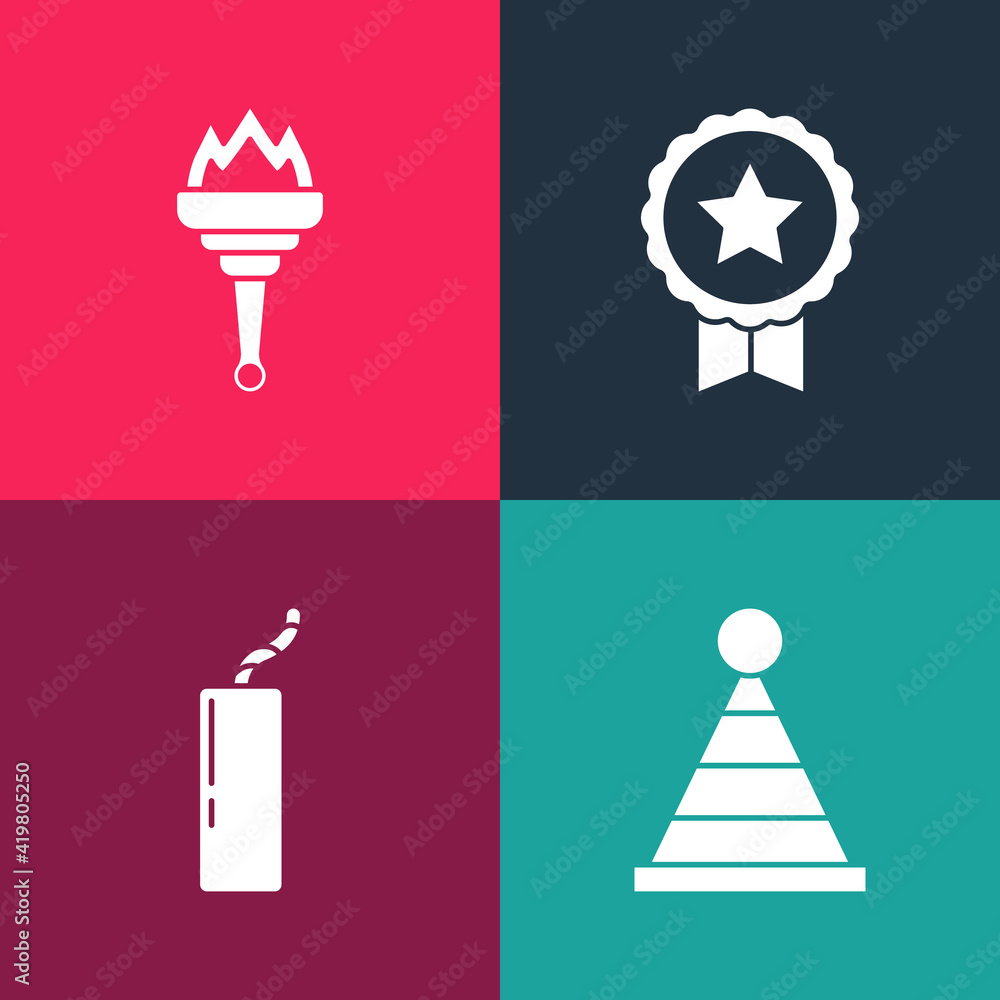 Set pop art Party hat, Dynamite bomb, Medal with star and Torch flame icon. Vector. Set pop art Party hat, Dynamite bomb, Medal with star and Torch flame icon. Vector.