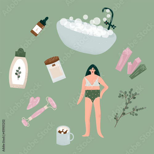 Nice vector flat round concept about self-care, relaxation and meditation. Bathroom, girl in underwear, candles, oils, eucalyptus, gouache scraper and roller, crystals, cocoa.  Self love, spa.