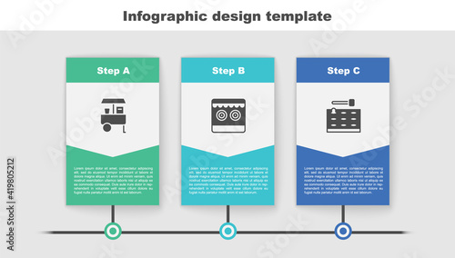 Set Fast street food cart, Shooting gallery and Arcade game machine. Business infographic template. Vector.