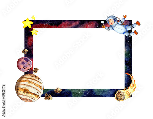 Watercolor illustration of a rectangular frame with space background, astronaut, planets, asteroids, comets and stars on it. Cosmos background with white space for text invitation or template for your