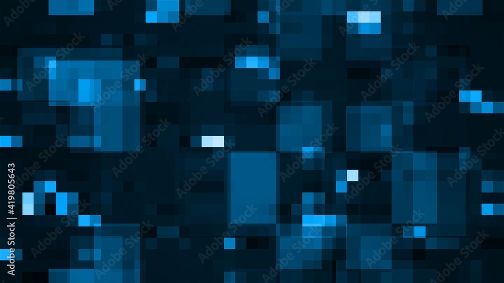 Abstract graphic background of blurred blue blocks in many different sizes on black background - 3D Illustration