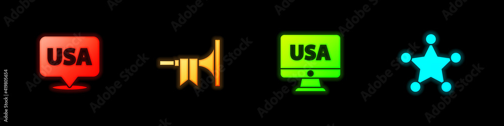 Set USA Independence day, Trumpet, on monitor and Hexagram sheriff icon. Vector. Set USA Independence day, Trumpet, on monitor and Hexagram sheriff icon. Vector.