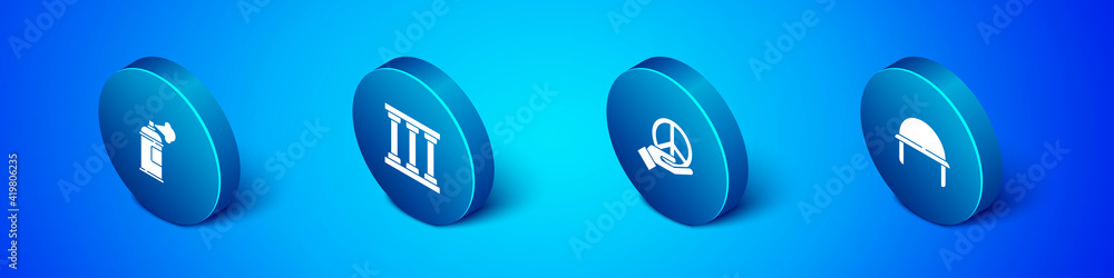 Set Isometric Paint spray can, Peace, Military helmet and Prison window icon. Vector. Set Isometric Paint spray can, Peace, Military helmet and Prison window icon. Vector.