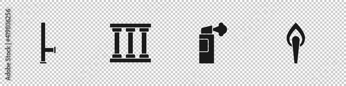 Set Police rubber baton, Prison window, Pepper spray and Torch flame icon. Vector.