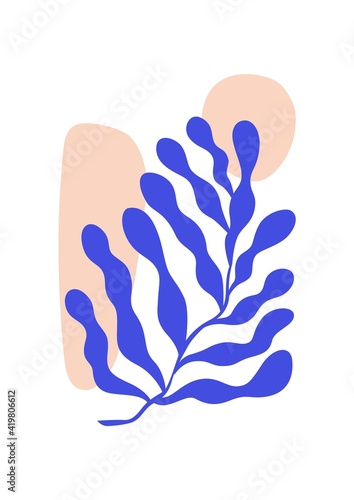 Matisse-inspired contemporary poster with blue algae branch and abstract geometric shapes isolated on white. Botanical minimalistic wall art for interior decoration. Colored flat vector illustration