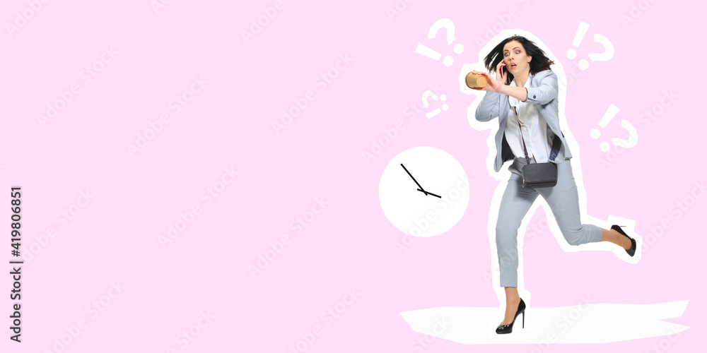 Businesswoman running, late for work. Collage in magazine style with bright pink background. Flyer with trendy colors, copyspace for ad. Discount, sales season, fashion and style concept. Businesswoman running, late for work. Collage in magazine style with bright pink background. Flyer with trendy colors, copyspace for ad. Discount, sales season, fashion and style concept.