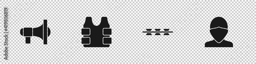 Set Megaphone, Bulletproof vest, Barbed wire and Vandal icon. Vector.