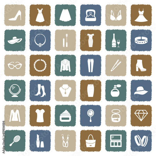 Woman Accessories Icons. Grunge Color Flat Design. Vector Illustration.