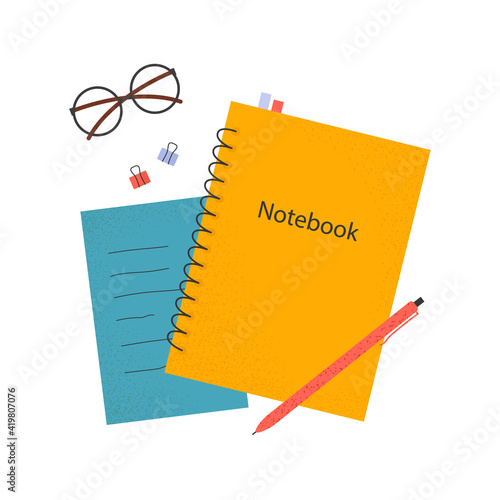 Notebooks, notepads, memo pads, planners, organizers for making writing notes and jotting isolated on white background. Decorative design elements. Colorful vector illustration in flat style.