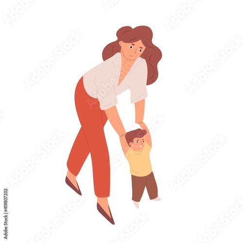 Young happy mother helping her baby, learning to walk. Mom holding toddler, making first steps. Colored flat vector illustration of parent and child isolated on white background