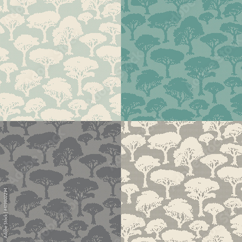 Vector 4 floral seamless patterns. Fantasy Italian pine tree silhouette. Dappled beige, grey and green background. Monochrome black and beige stipple wallpaper.Textile small dots print. Batik paint 