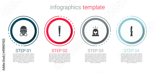 Set Gas mask, Police rubber baton, Flasher siren and Military knife. Business infographic template. Vector.