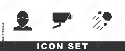 Set Vandal, Security camera and Flying stone icon. Vector.