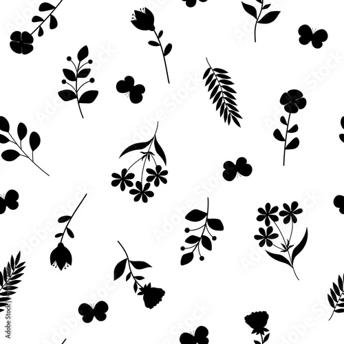 Seamless pattern spring silhouettes flowers butterfly vector illustration