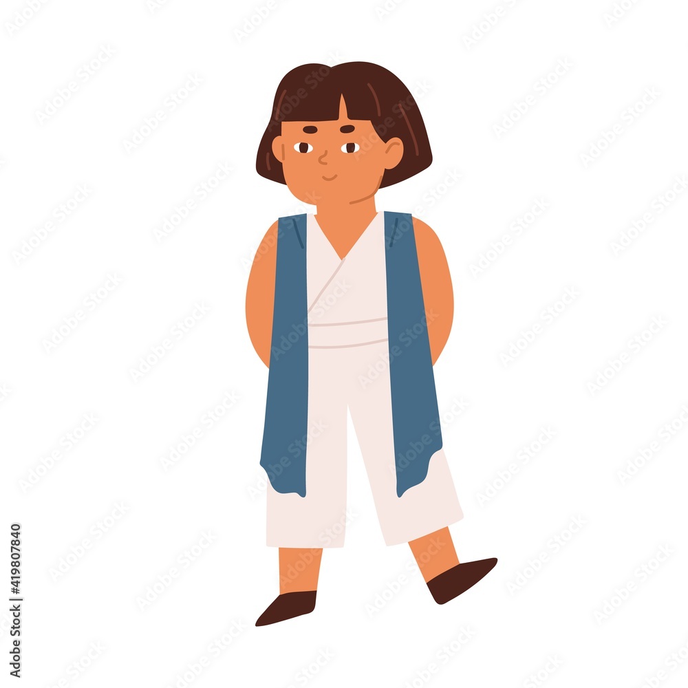 Cute little girl isolated on white background. Adorable Asian kid from school or kindergarten. Colored flat vector illustration of happy smiling preschooler or schoolgirl Cute little girl isolated on white background. Adorable Asian kid from school or kindergarten. Colored flat vector illustration of happy smiling preschooler or schoolgirl