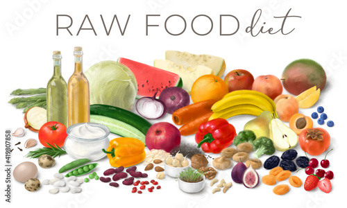 Fototapeta Naklejka Na Ścianę i Meble -  Nutrition concept for Raw food diet. Assortment of healthy food ingredients for cooking. Hand drawn illustration.