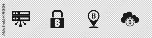 Set Server, Lock with bitcoin, Bitcoin and Cryptocurrency cloud mining icon. Vector.