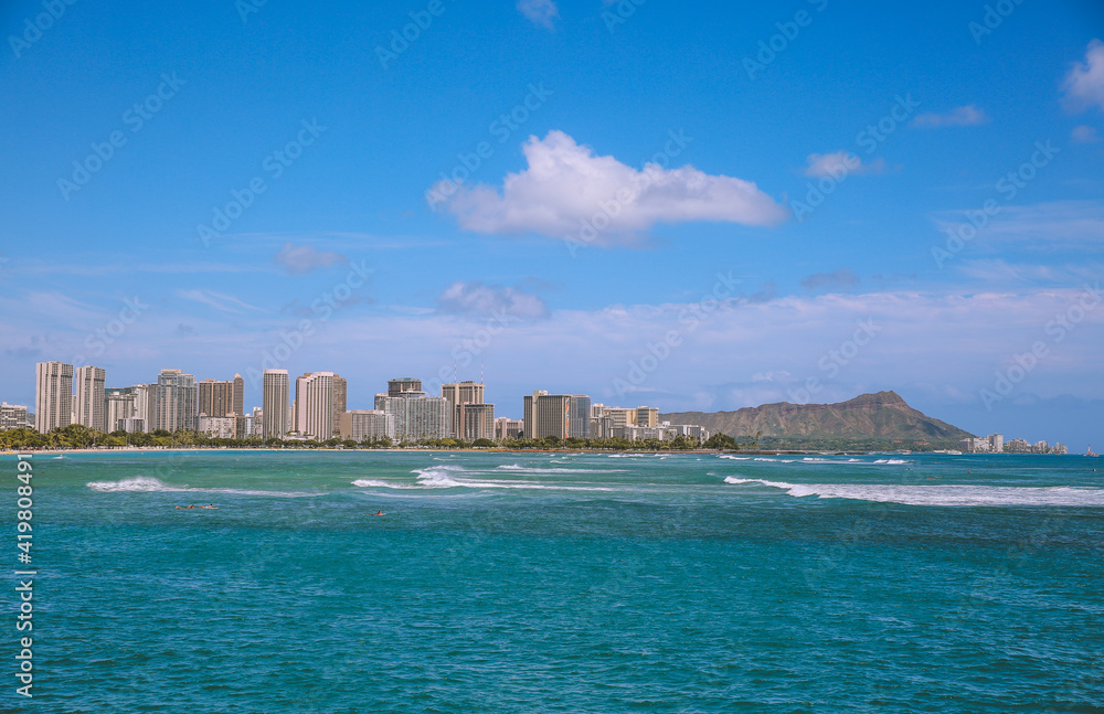 Coastal city view at Kakaako Waterfront Park, Honolulu, Oahu, Hawaii
