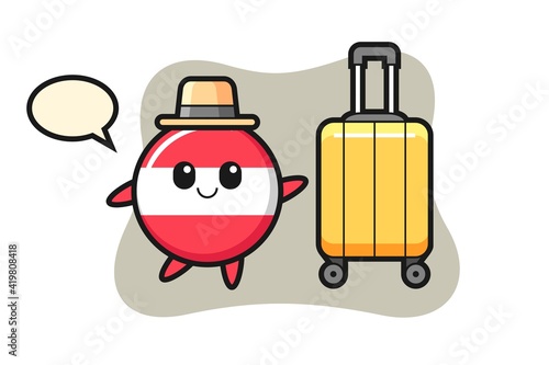 Austria flag badge cartoon illustration with luggage on vacation