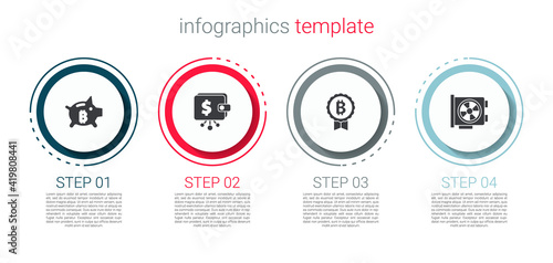 Set Piggy bank bitcoin, Cryptocurrency wallet, Bitcoin and Video graphic card. Business infographic template. Vector.