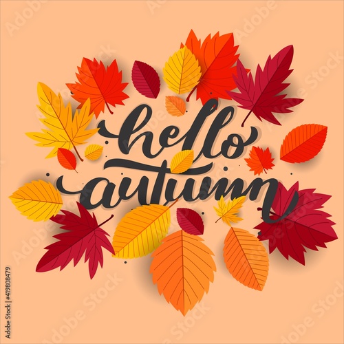 Hello Autumn with flat leaves background for invitation card and printing purpose